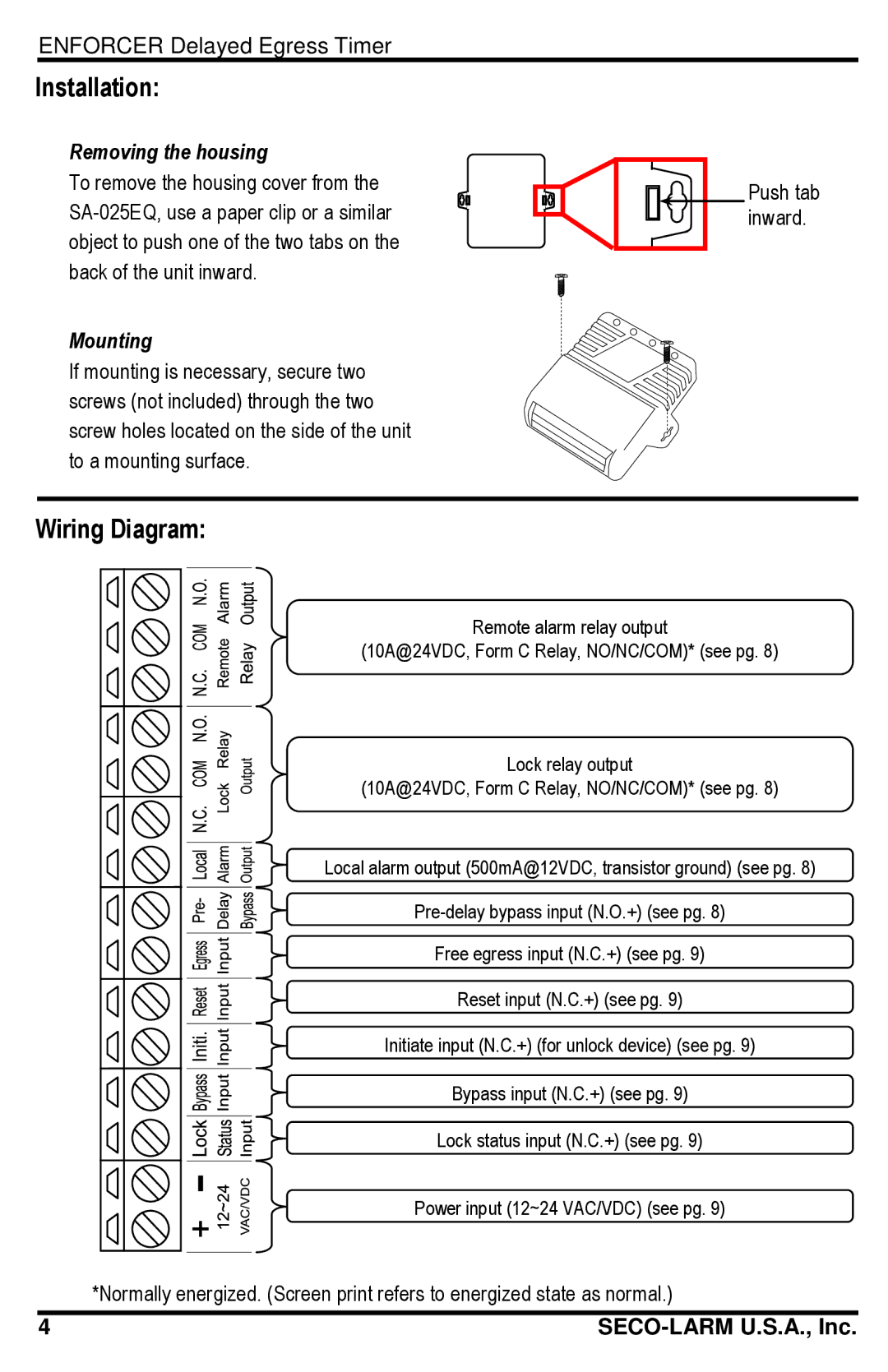 SECO-LARM USA SA-025EQ manual Installation, Wiring Diagram 