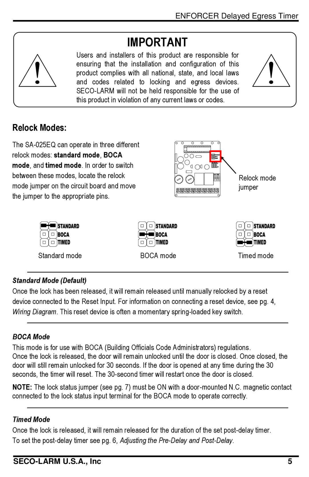 SECO-LARM USA SA-025EQ manual Relock Modes, Standard Mode Default 