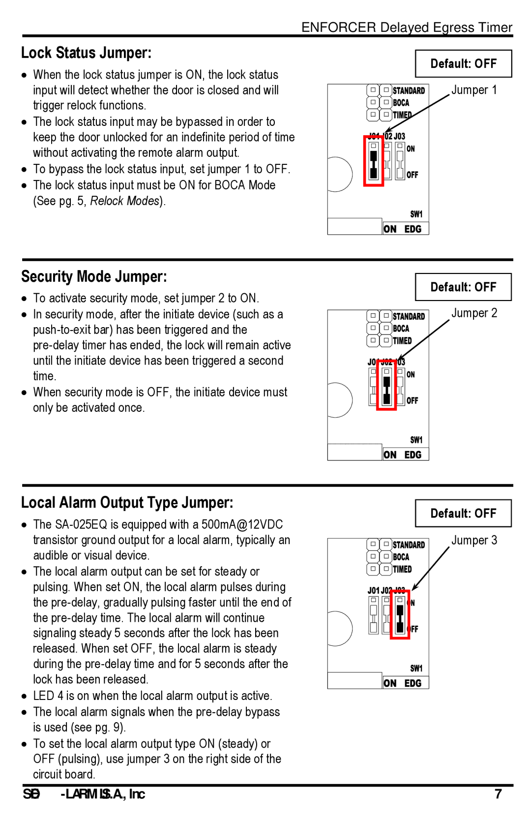 SECO-LARM USA SA-025EQ manual Lock Status Jumper, Security Mode Jumper, Local Alarm Output Type Jumper 