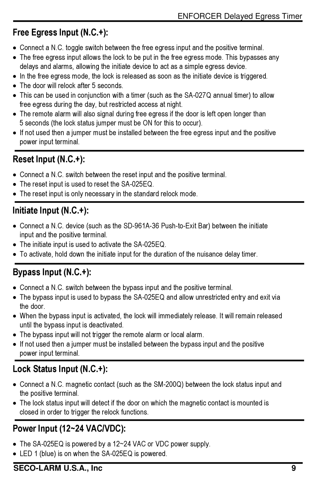 SECO-LARM USA SA-025EQ manual Free Egress Input N.C.+, Reset Input N.C.+, Initiate Input N.C.+, Bypass Input N.C.+ 