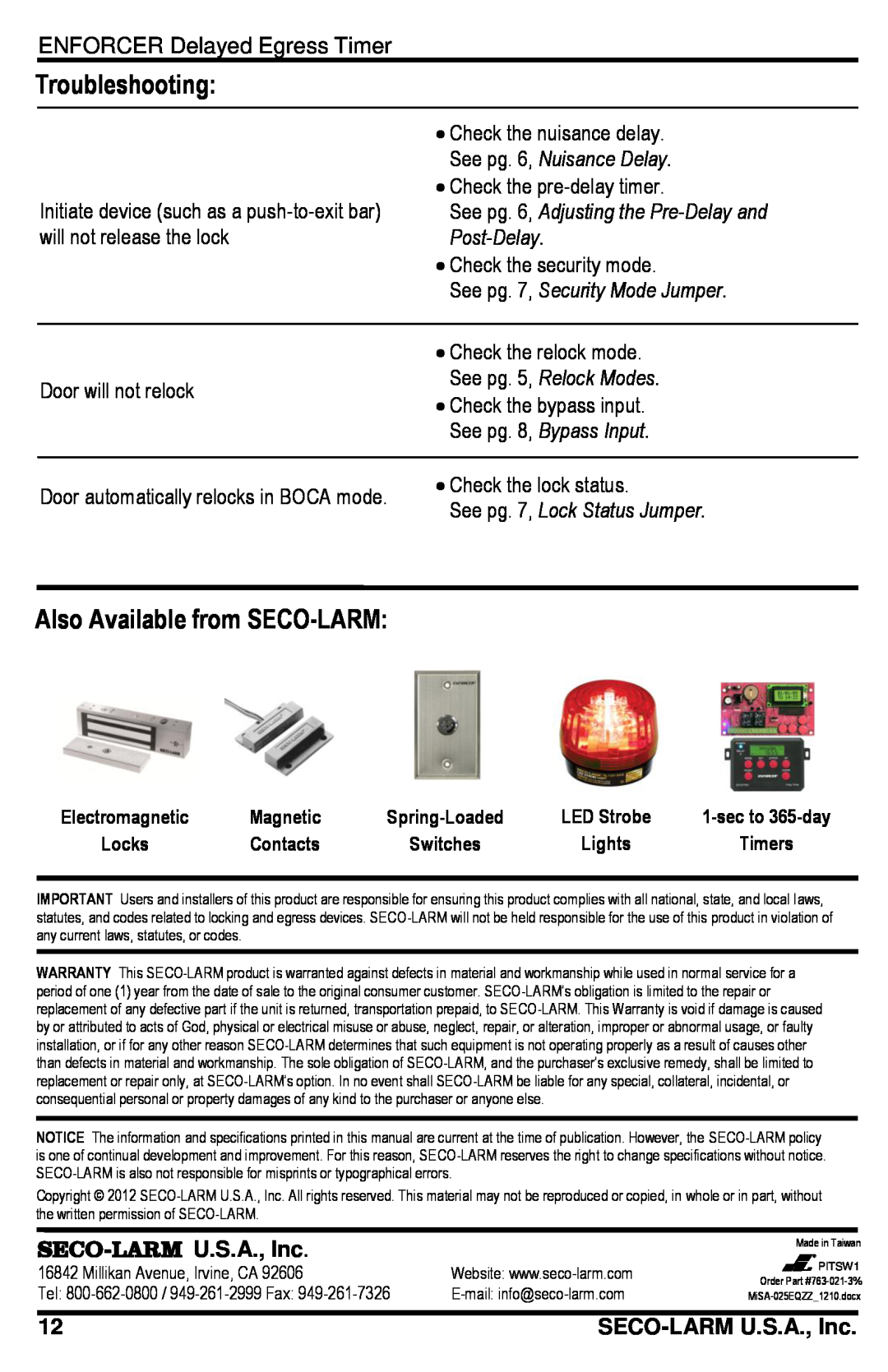 SECO-LARM USA SA-025EQ Troubleshooting, Also Available from SECO-LARM, See pg. 6, Adjusting the Pre-Delayand Post-Delay 