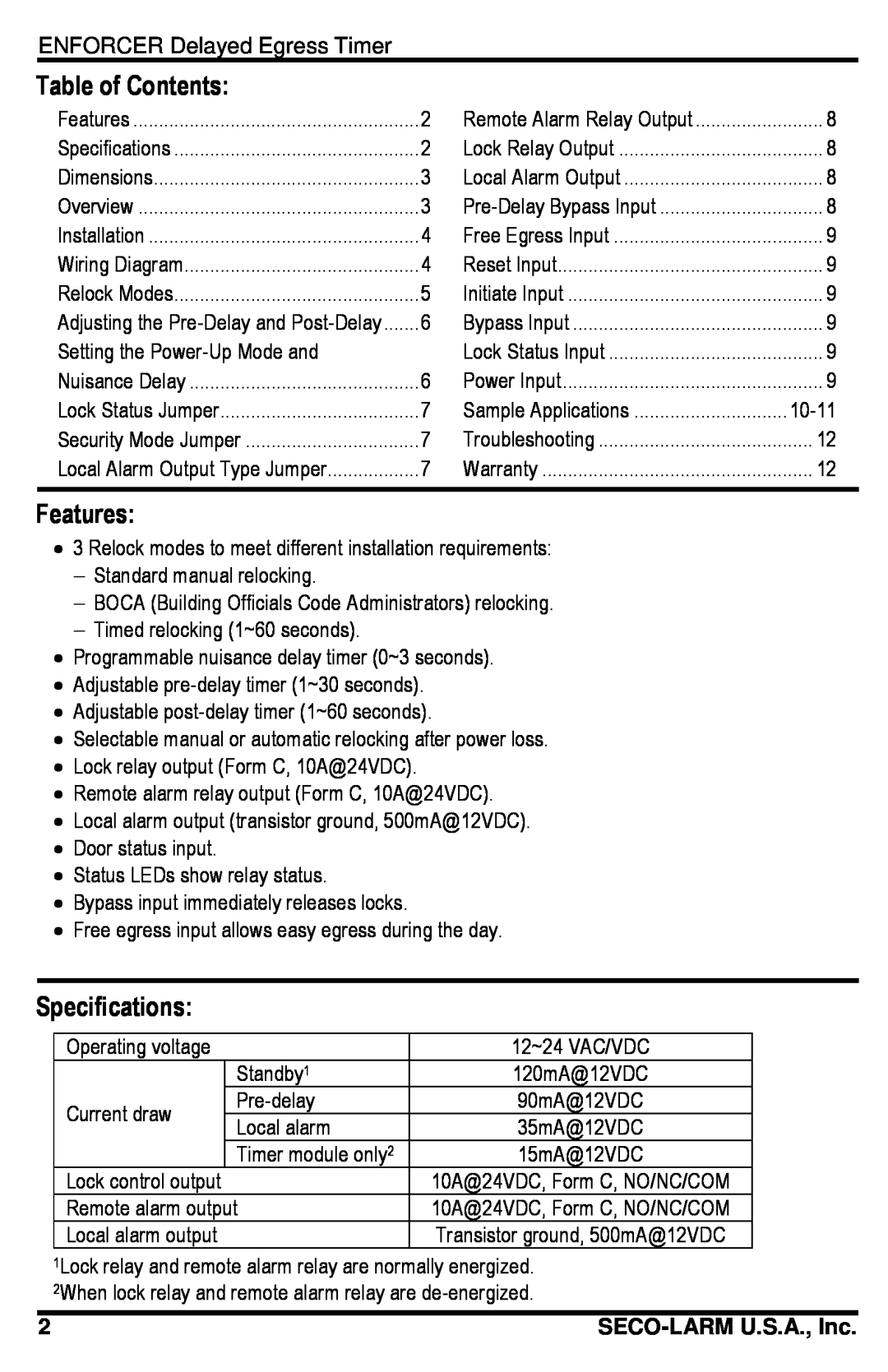 SECO-LARM USA SA-025EQ manual Table of Contents, Features, Specifications, SECO-LARMU.S.A., Inc 