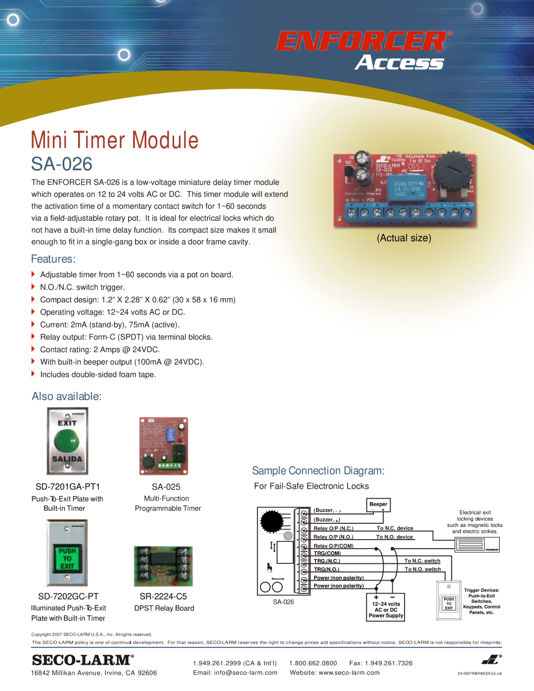 SECO-LARM USA SA-026 specifications Features, Also available 