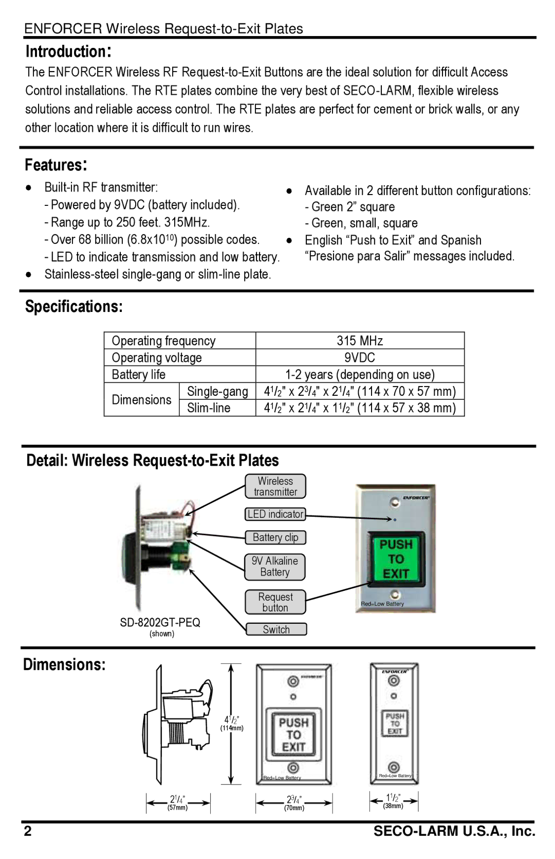 SECO-LARM USA SD-8103GT-PEQ, SD-8202GT-PEQ Introduction, Features, Specifications, Detail Wireless Request-to-Exit Plates 