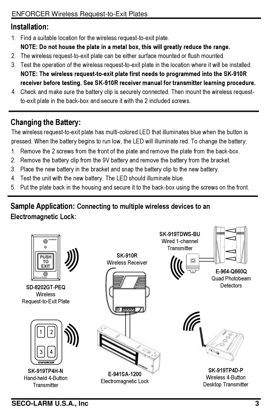 SECO-LARM USA SD-8202GT-PEQ, SD-8103GT-PEQ manual Installation, Changing the Battery 