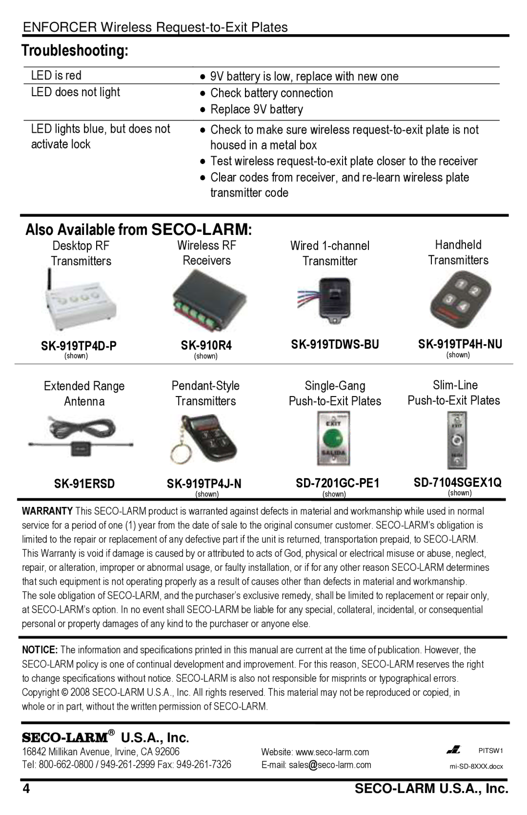 SECO-LARM USA SD-8103GT-PEQ, SD-8202GT-PEQ manual Troubleshooting, Also Available from SECO-LARM 