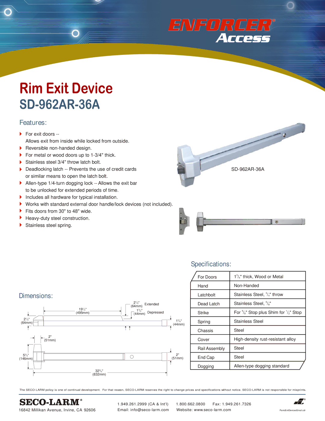 SECO-LARM USA SD-962AR-36A dimensions Features, Dimensions, Specifications, Millikan Avenue, Irvine, CA 