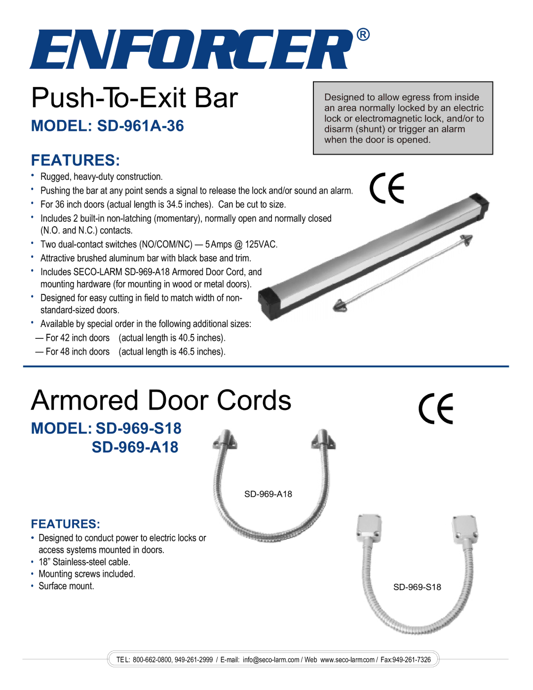 SECO-LARM USA SD-969-A18, SD-969-S18 manual Enforcer, Push-To-Exit Bar, Armored Door Cords, Features 