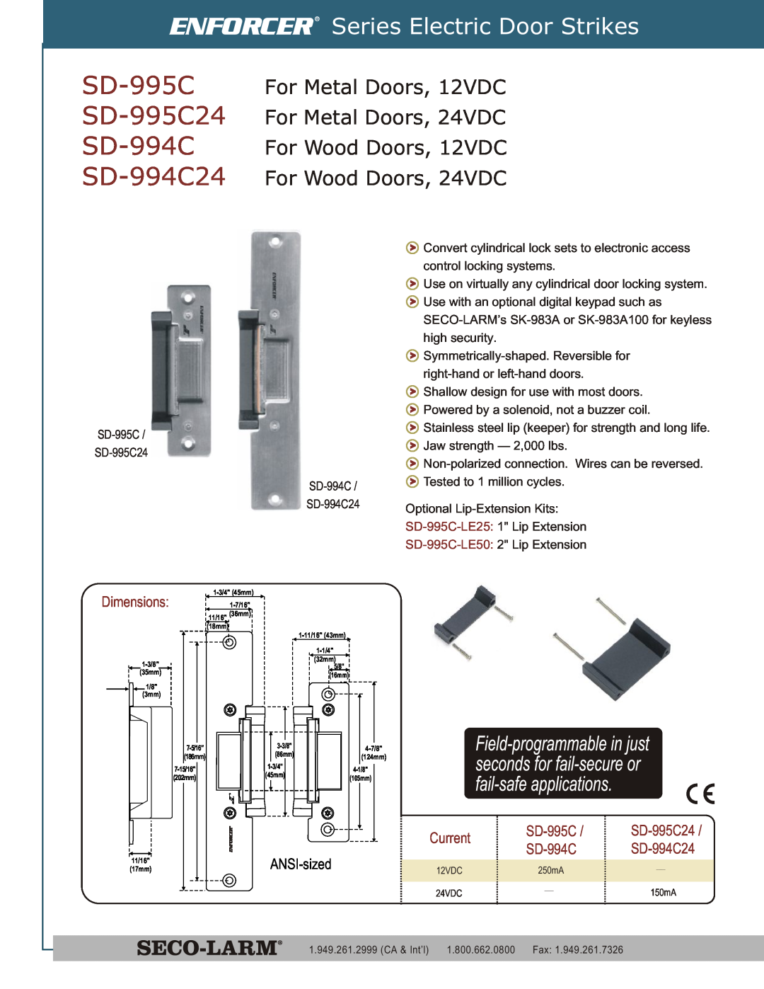 SECO-LARM USA SD-995C24, SD-994C24 dimensions Series Electric Door Strikes, Dimensions 