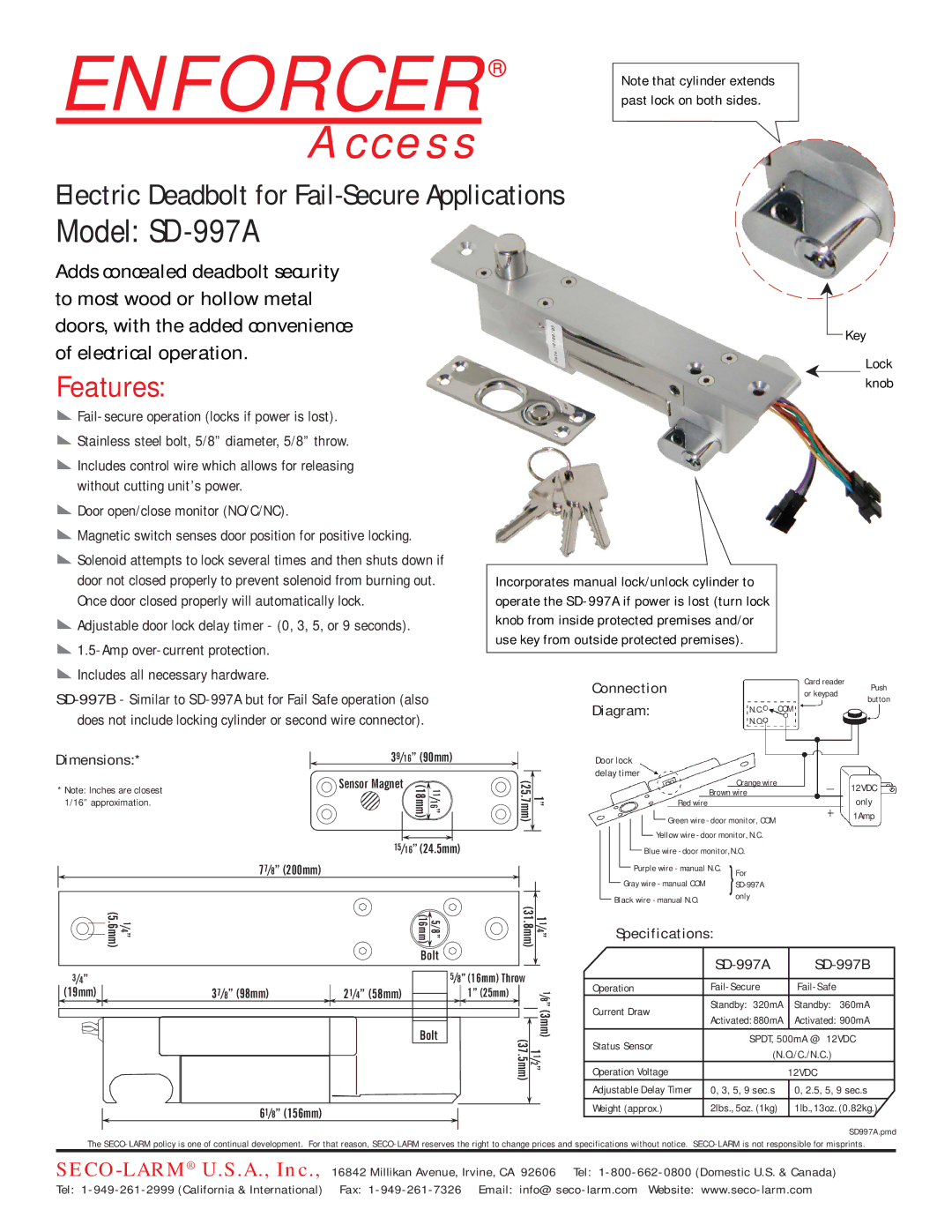 SECO-LARM USA SD-997A specifications Connection, Diagram, Dimensions, SD-997B 