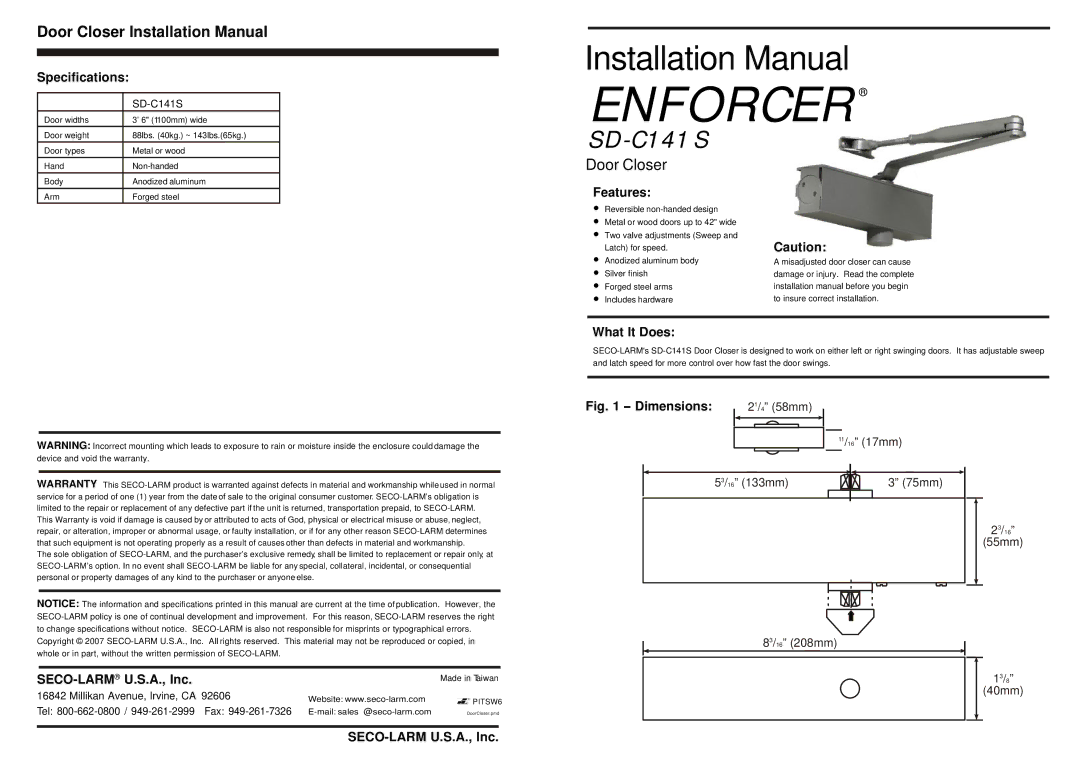 SECO-LARM USA SD-C141S specifications Specifications, Features, SECO-LARMU.S.A., Inc, What It Does, SECO-LARM U.S.A., Inc 