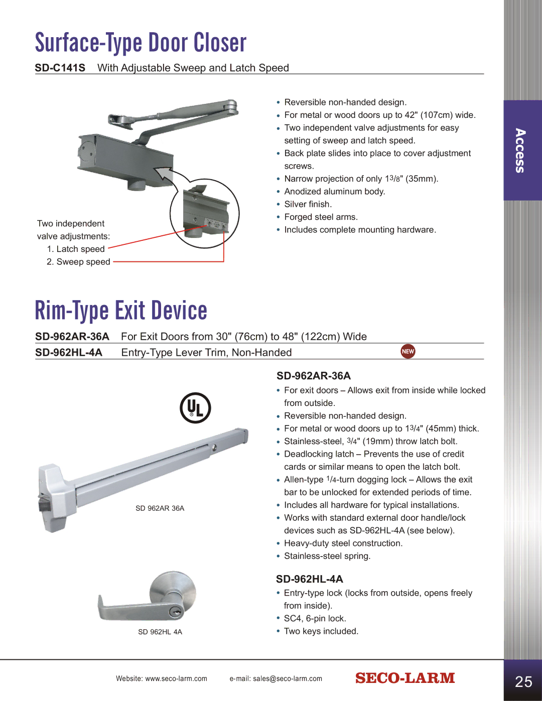 SECO-LARM USA SD-C141S manual Surface-Type Door Closer, Rim-Type Exit Device, SD-962HL-4A, SD-962AR-36A 