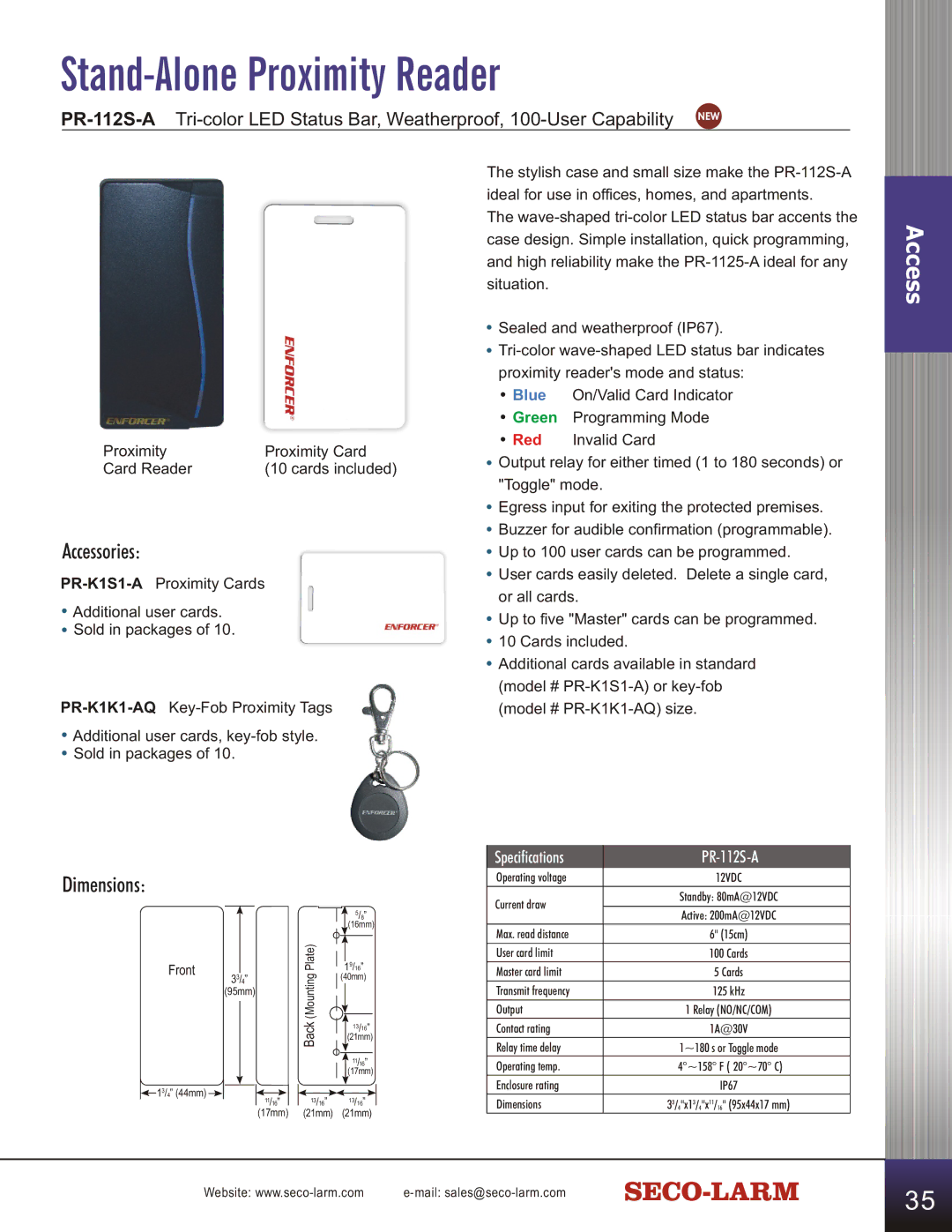 SECO-LARM USA SD-C141S manual Stand-Alone Proximity Reader, Accessories, Dimensions 