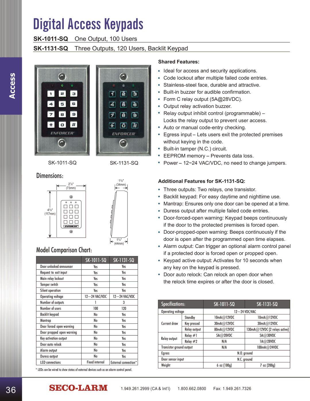 SECO-LARM USA SD-C141S manual Digital Access Keypads, Model Comparison Chart, SK-1131-SQ, Shared Features 