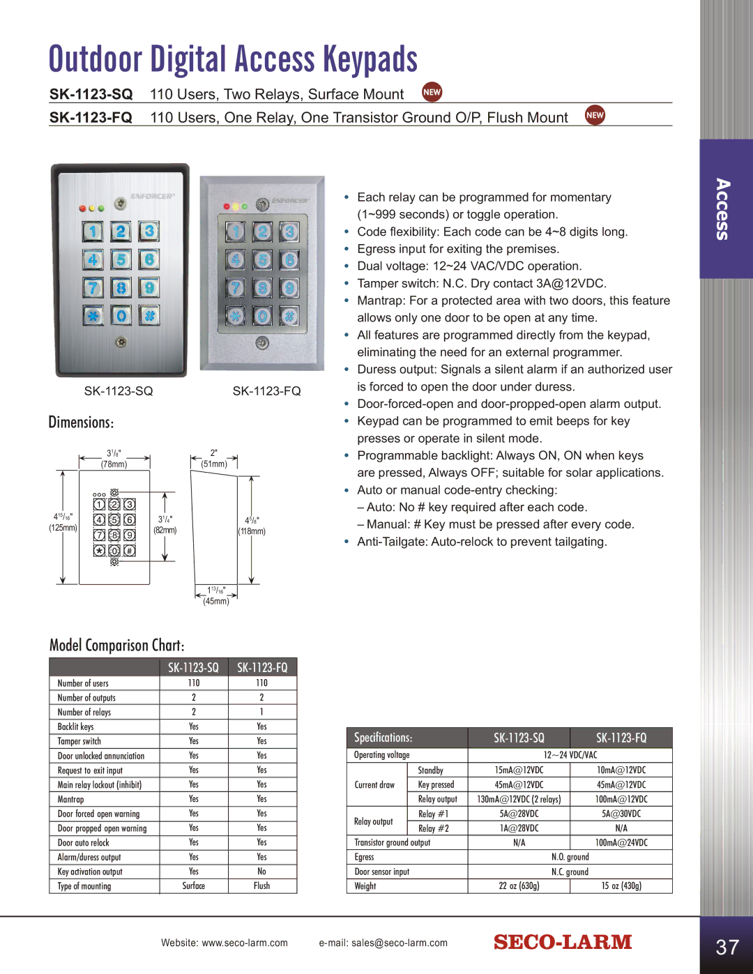 SECO-LARM USA SD-C141S manual Outdoor Digital Access Keypads, SK-1123-SQ 110 Users, Two Relays, Surface Mount 