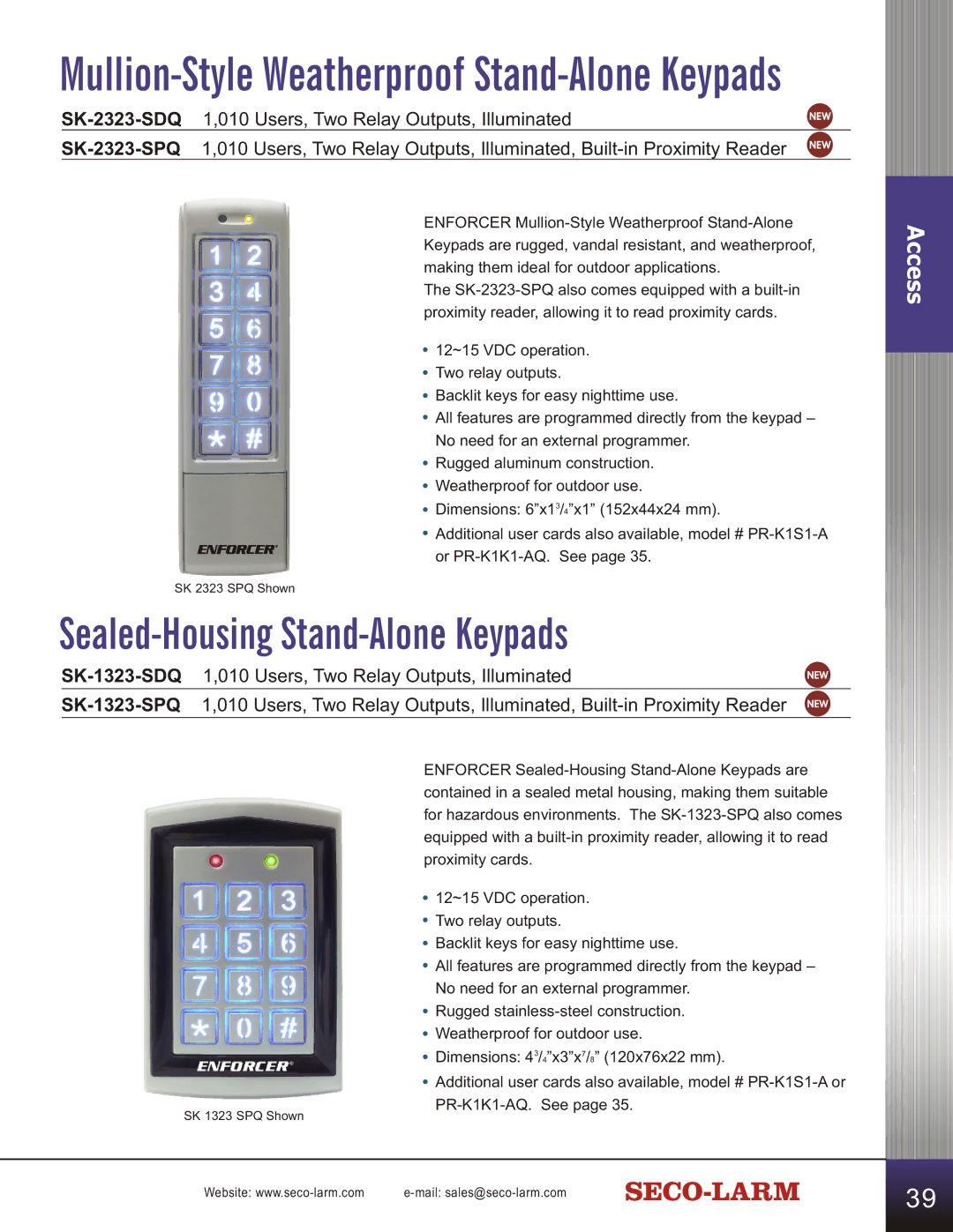 SECO-LARM USA SD-C141S manual SK-2323-SDQ 1,010 Users, Two Relay Outputs, Illuminated 