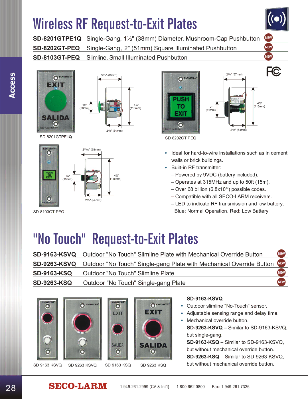 SECO-LARM USA SD-C141S manual Wireless RF Request-to-Exit Plates, No Touch Request-to-Exit Plates 