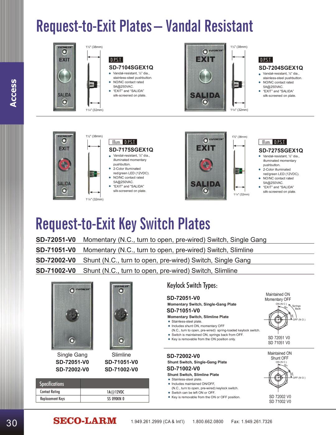 SECO-LARM USA SD-C141S manual Vandal Resistant, Request-to-Exit Key Switch Plates, Keylock Switch Types 