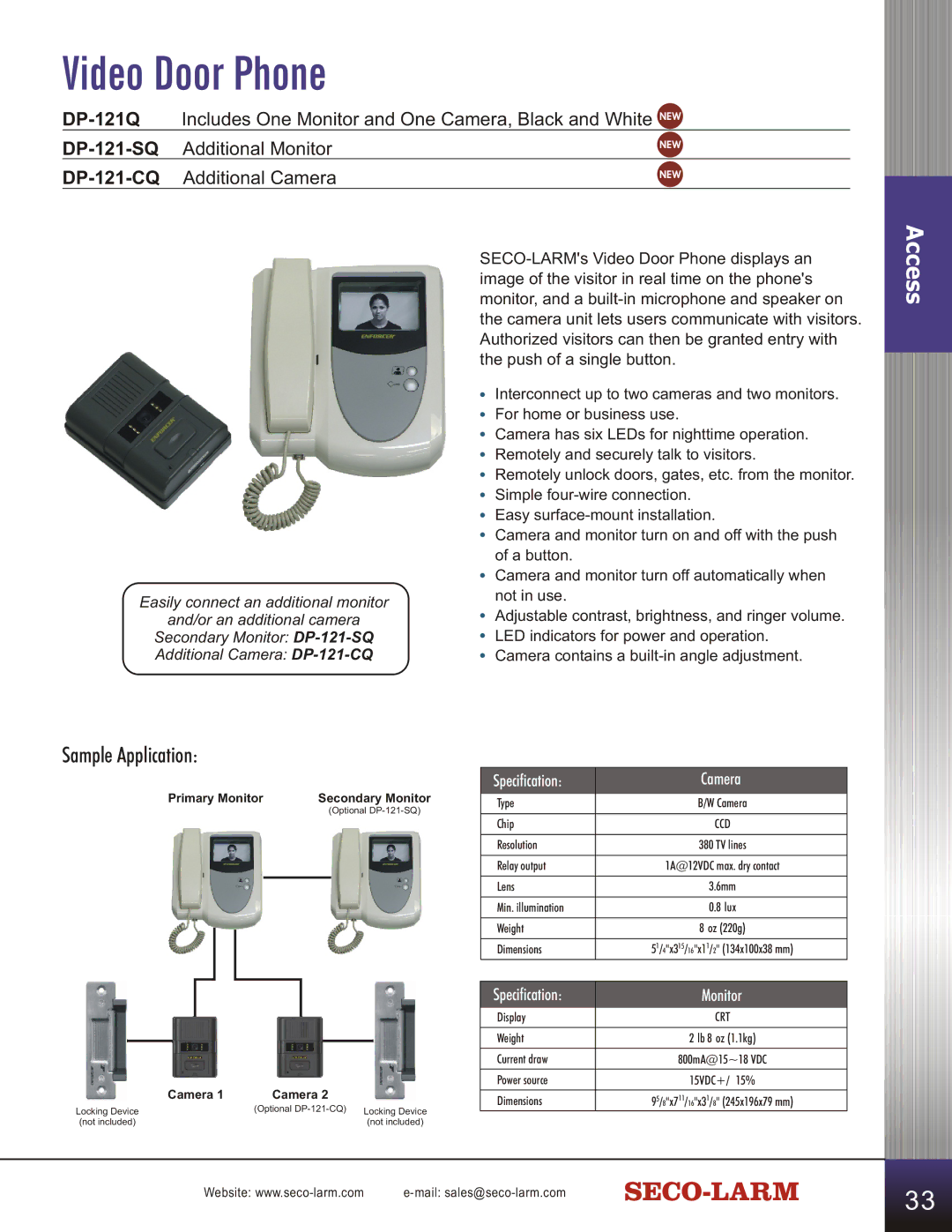 SECO-LARM USA SD-C141S Video Door Phone, DP-121-SQAdditional Monitor, DP-121-CQAdditional Camera, Specification Camera 