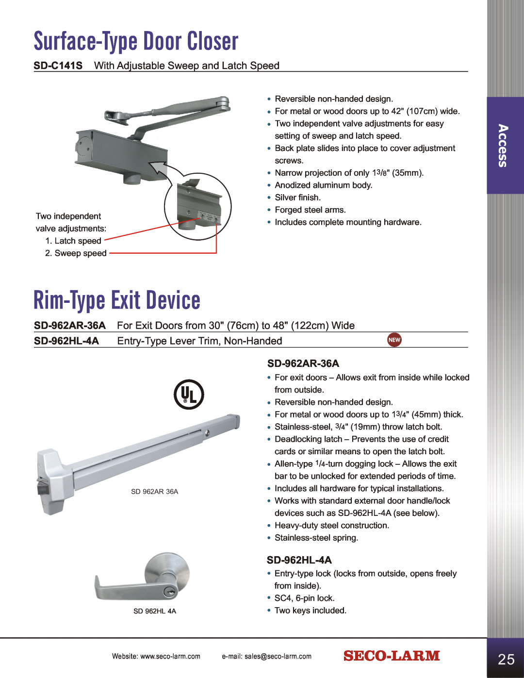 SECO-LARM USA SD-C141S manual Surface-TypeDoor Closer, Rim-TypeExit Device, Access, Entry-TypeLever Trim, Non-Handed 