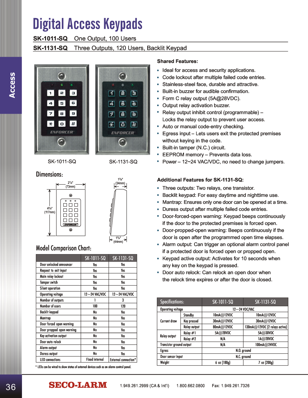 SECO-LARM USA SD-C141S manual Digital Access Keypads, Model Comparison Chart, SK-1011-SQ One Output, 100 Users, Dimensions 