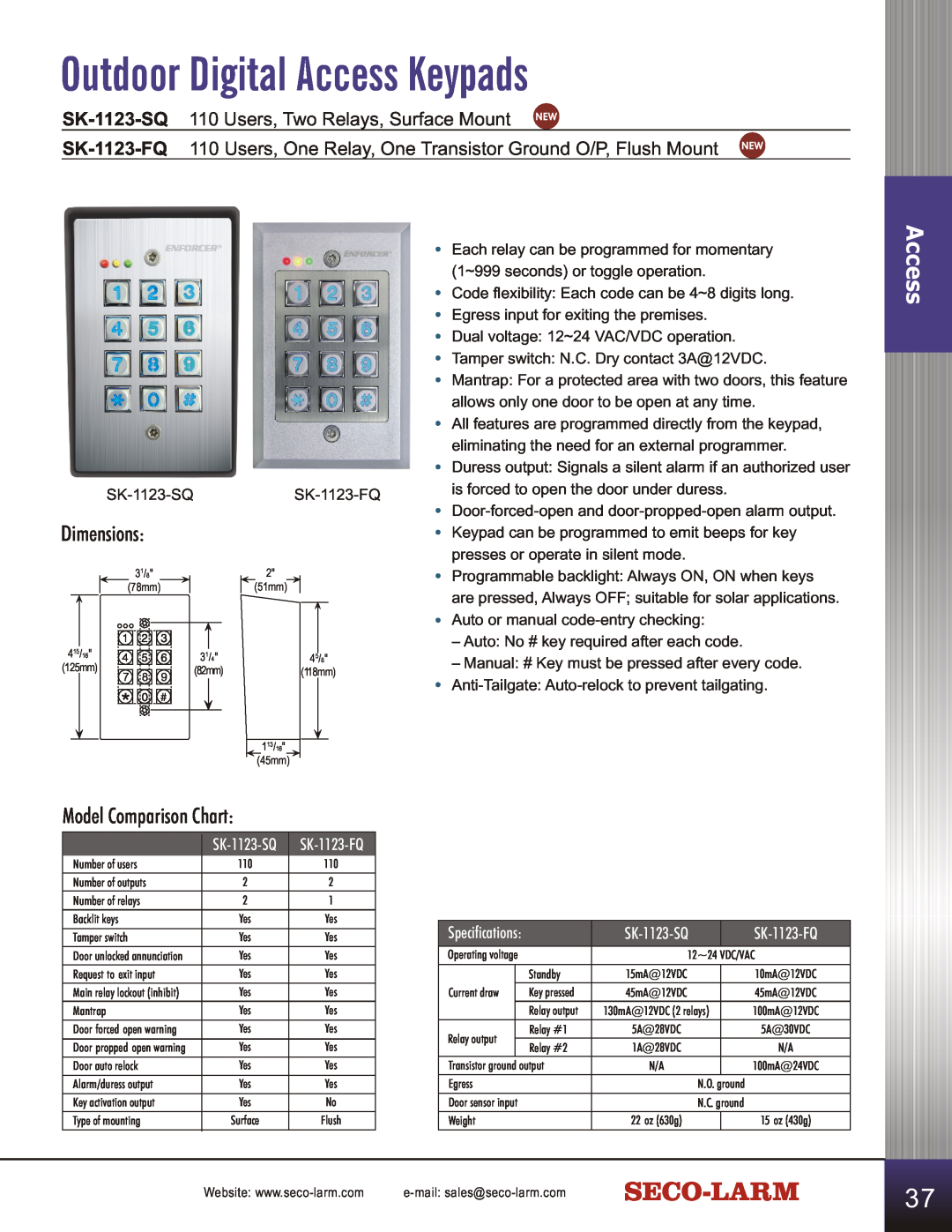 SECO-LARM USA SD-C141S manual Outdoor Digital Access Keypads, Dimensions, Model Comparison Chart, SK-1123-SQ, SK-1123-FQ 