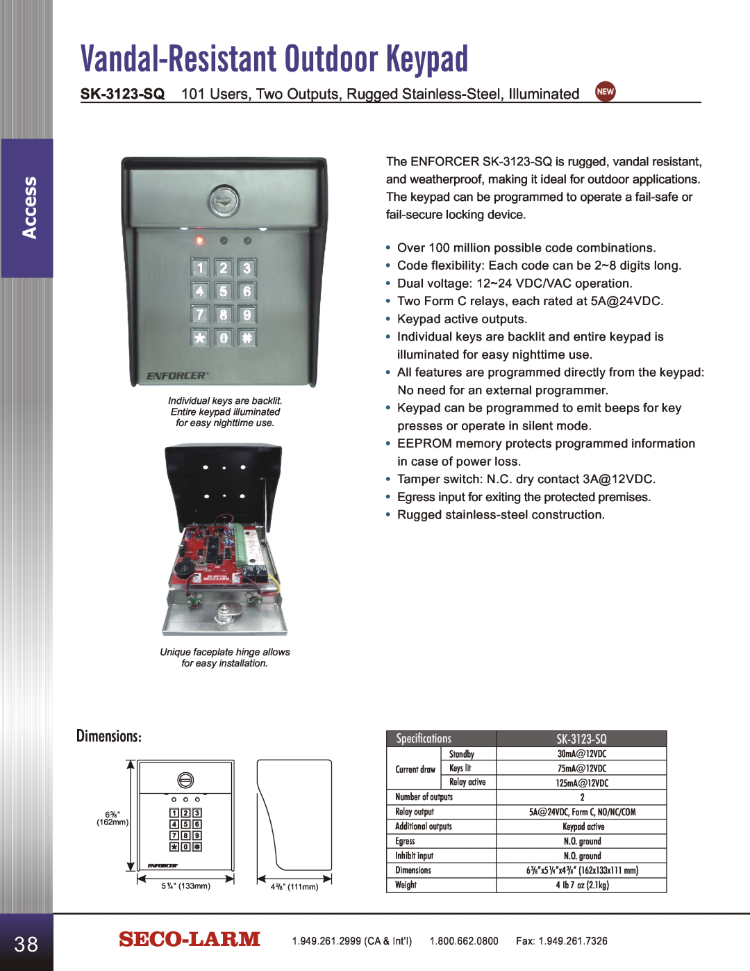 SECO-LARM USA SD-C141S manual Vandal-ResistantOutdoor Keypad, Dimensions, Access, Specifications, SK-3123-SQ 