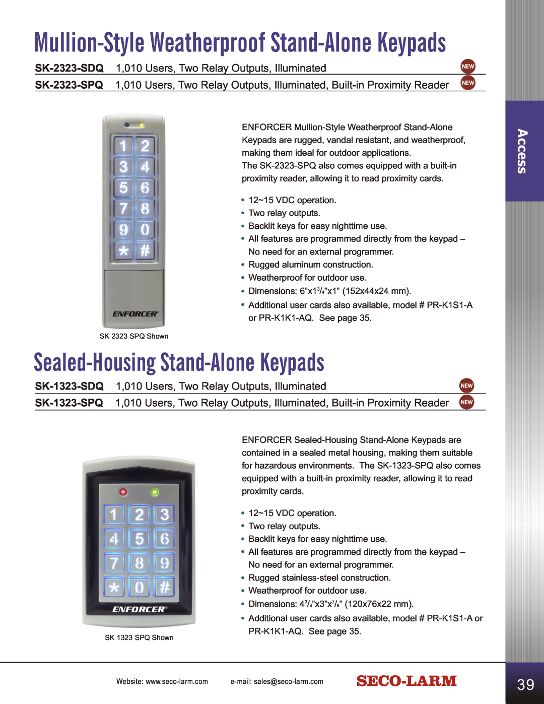 SECO-LARM USA SD-C141S manual Sealed-Housing Stand-AloneKeypads, Mullion-StyleWeatherproof Stand-AloneKeypads, Access 