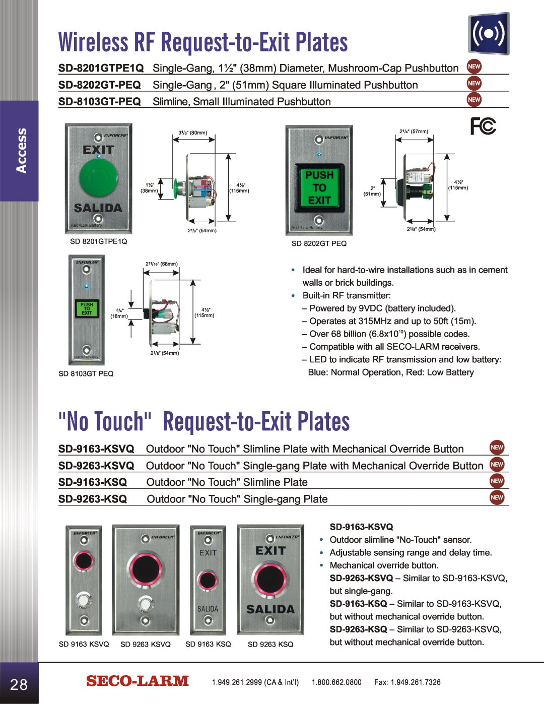 SECO-LARM USA SD-C141S Wireless RF Request-to-ExitPlates, No Touch Request-to-ExitPlates, Outdoor No Touch Slimline Plate 