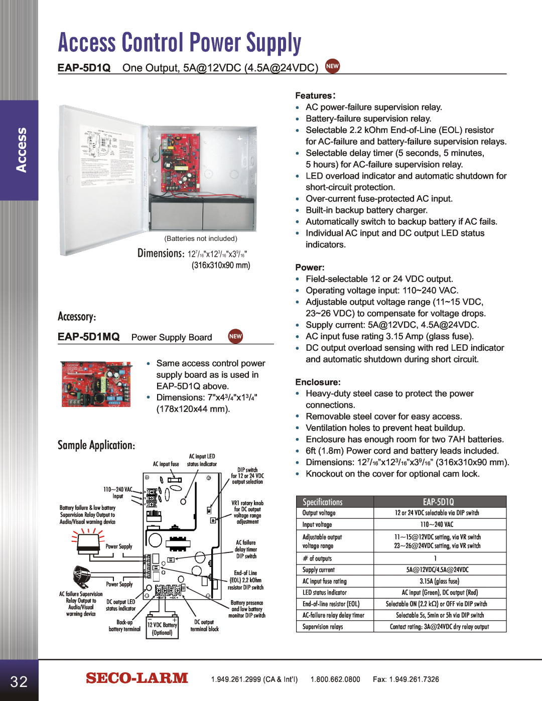 SECO-LARM USA SD-C141S manual Access Control Power Supply, Accessory, Sample Application, Specifications 