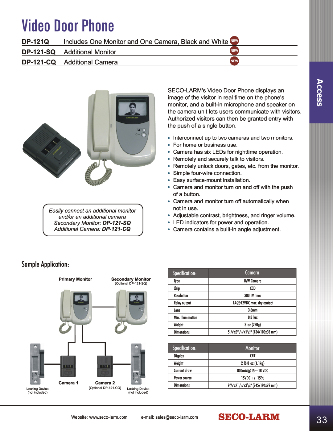 SECO-LARM USA SD-C141S manual Video Door Phone, Sample Application, Access, Specification, Camera, Monitor 
