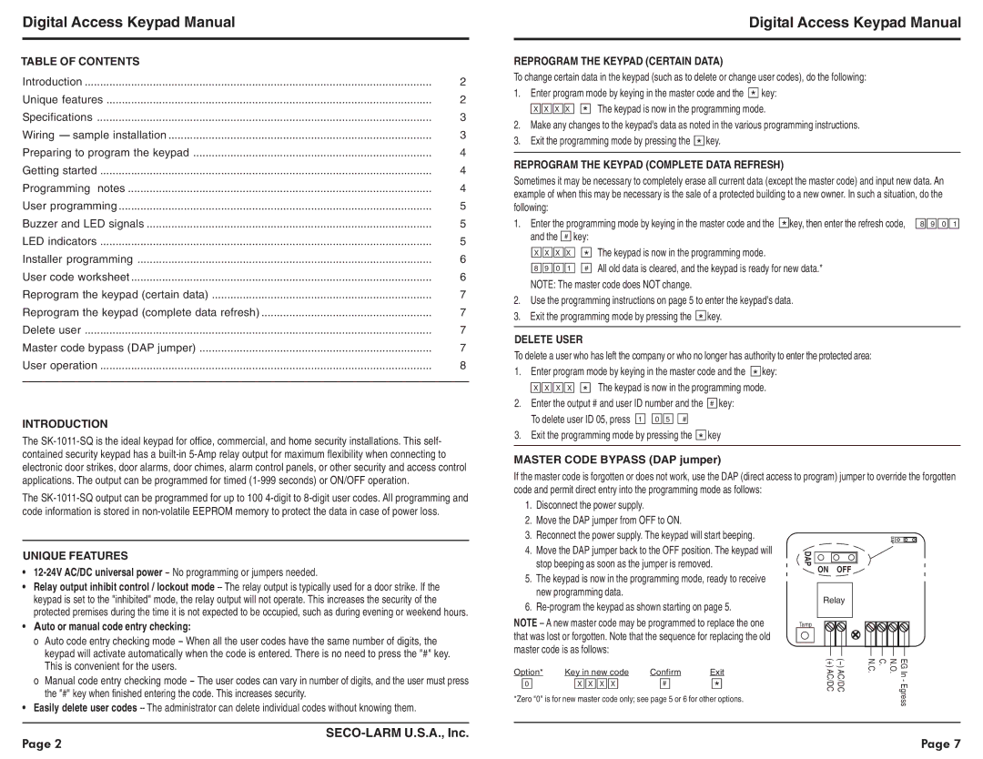 SECO-LARM USA SK-1011-SQ Table of Contents, Introduction, Reprogram the Keypad Certain Data, Delete User, Unique Features 