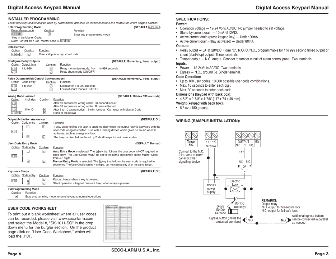 SECO-LARM USA SK-1011-SQ warranty Installer Programming, User Code Worksheet, Specifications, Wiring Sample Installation 