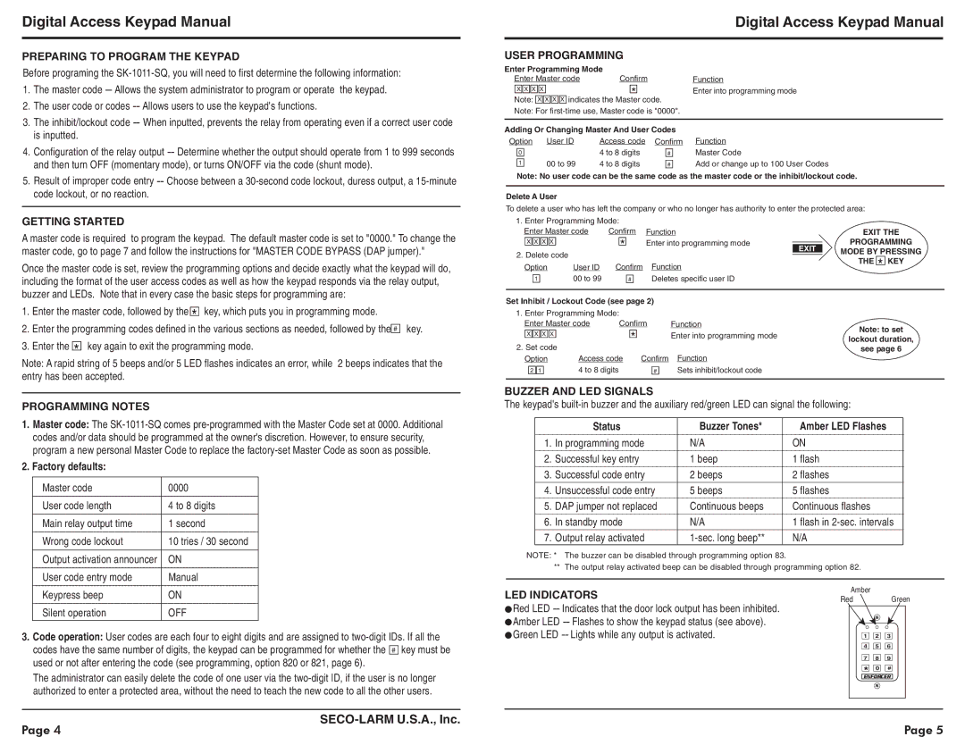 SECO-LARM USA SK-1011-SQ warranty Preparing to Program the Keypad, Getting Started, Programming Notes, User Programming 