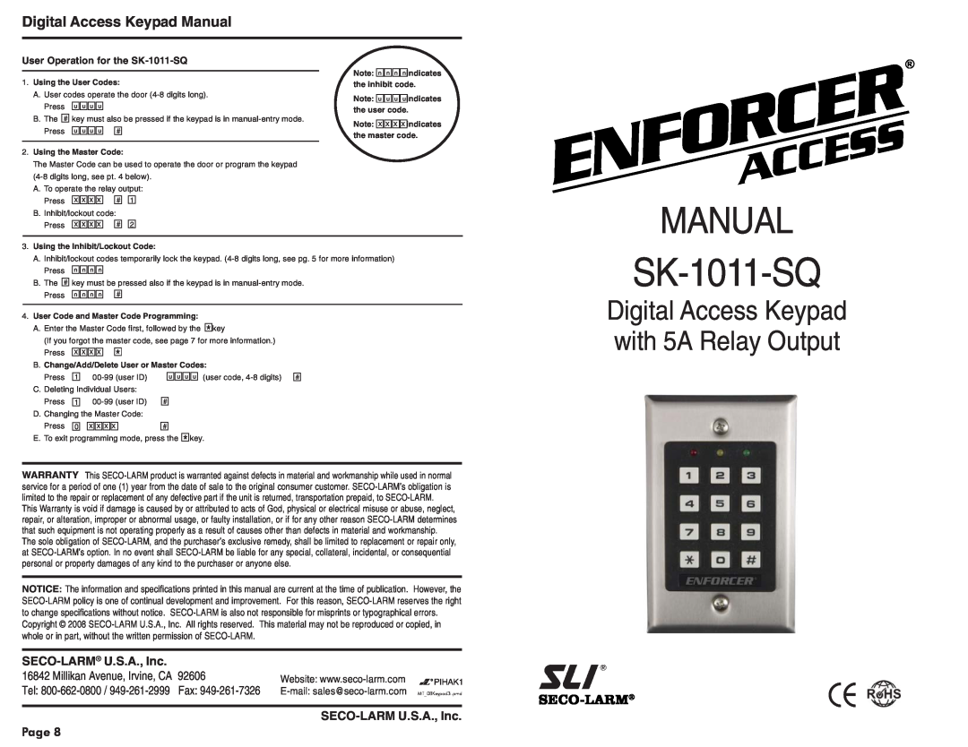 SECO-LARM USA SK-1011-SQ warranty Digital Access Keypad Manual, Digital Access Keypad with 5A Relay Output, 92606, Fax 