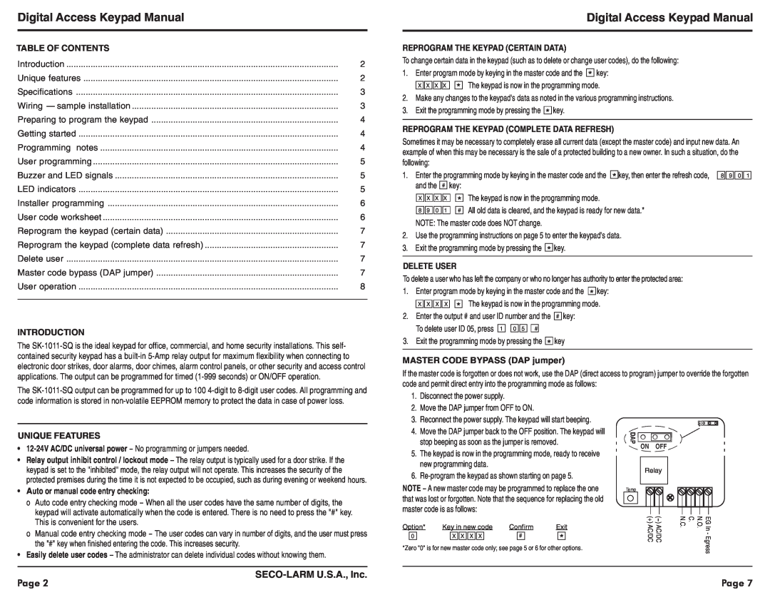 SECO-LARM USA SK-1011-SQ warranty Digital Access Keypad Manual, Page, SECO-LARMU.S.A., Inc, Table Of Contents, Introduction 