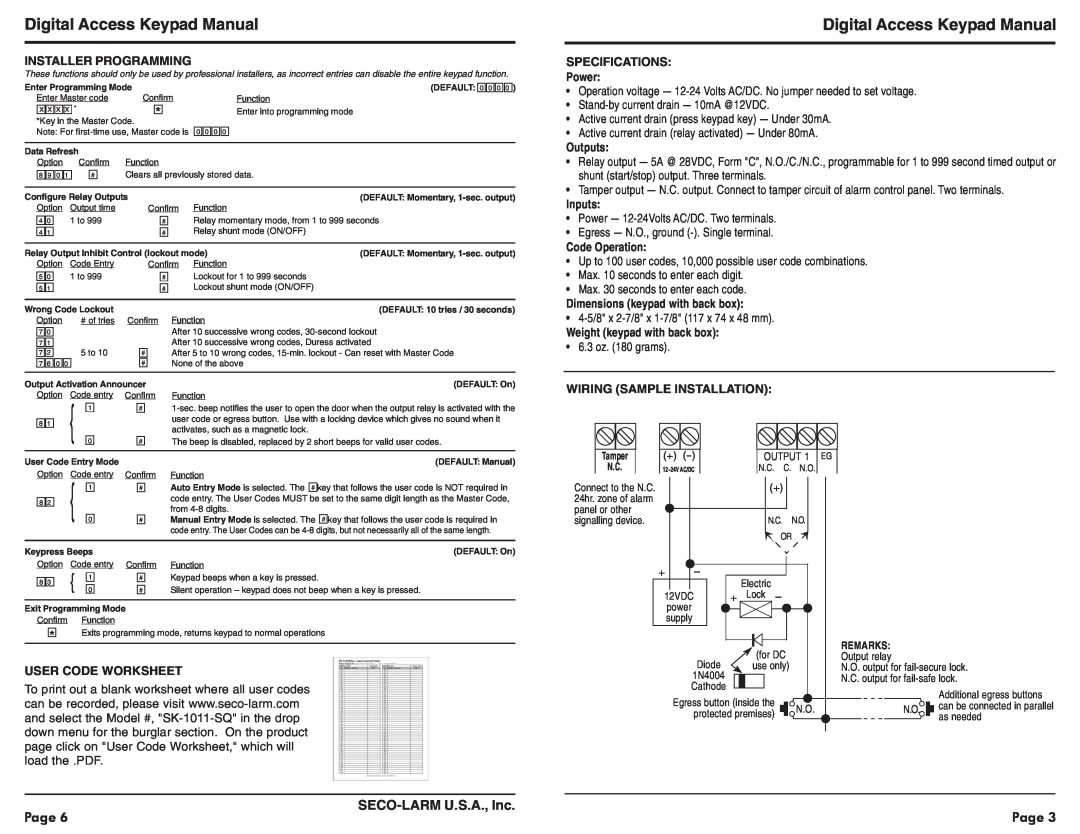 SECO-LARM USA SK-1011-SQ Digital Access Keypad Manual, Page, SECO-LARMU.S.A., Inc, Installer Programming, Outputs, Inputs 