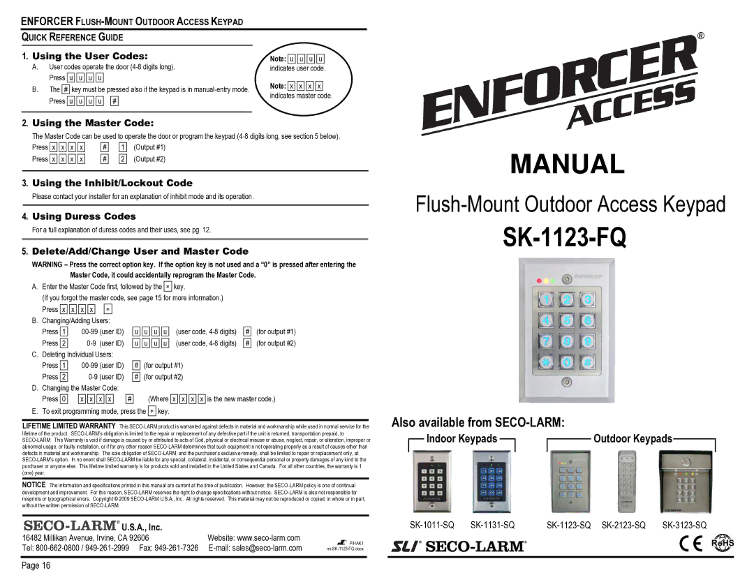 SECO-LARM USA SK-1123-FQ warranty Indoor Keypads Outdoor Keypads 