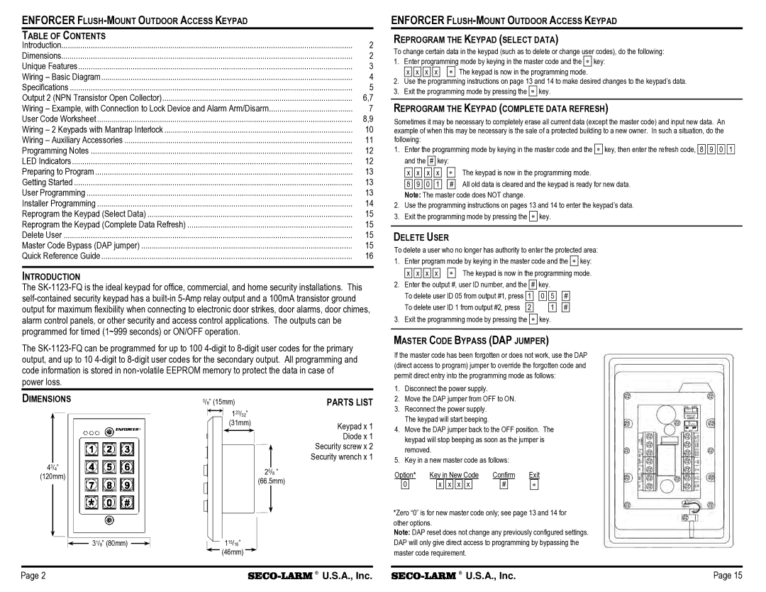 SECO-LARM USA SK-1123-FQ Introduction, Dimensions Parts List, Reprogram the Keypad Complete Data Refresh, Delete User 