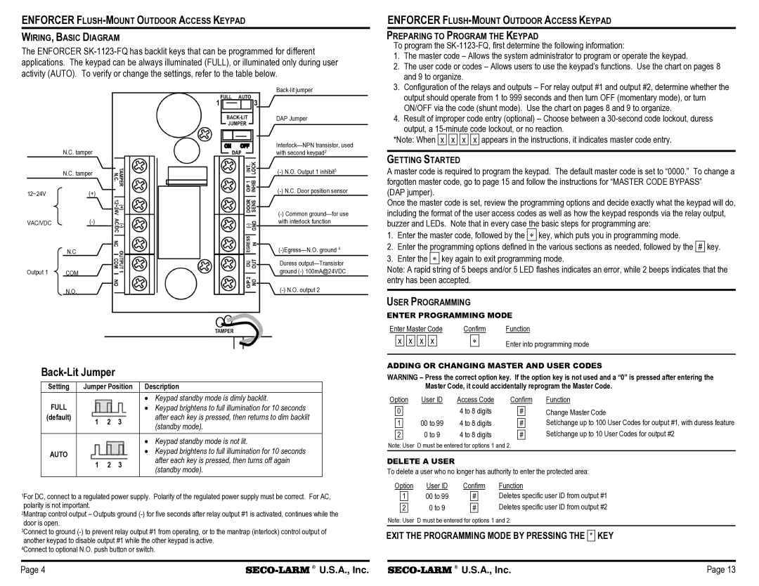 SECO-LARM USA SK-1123-FQ warranty Back-Lit Jumper, SECO-LARM U.S.A., Inc, Getting Started, User Programming 