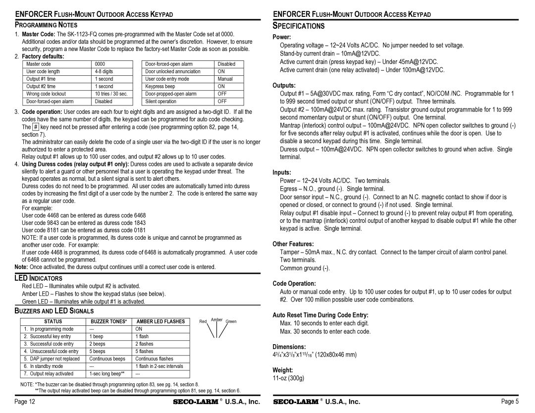 SECO-LARM USA SK-1123-FQ warranty Enforcer FLUSH-MOUNT Outdoor Access Keypad, LED Indicators, Buzzers and LED Signals 