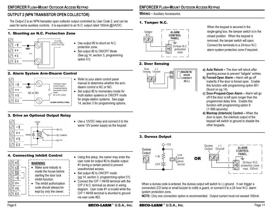 SECO-LARM USA SK-1123-FQ Shunting an N.C. Protection Zone, Alarm System Arm-Disarm Control, Tamper N.C, Door Sensing 