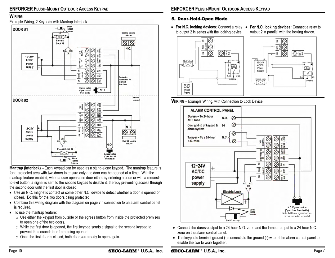 SECO-LARM USA SK-1123-FQ warranty Enforcer Flush -MOUNT Outdoor Access Keypad Wiring, Door #1, Door #2 