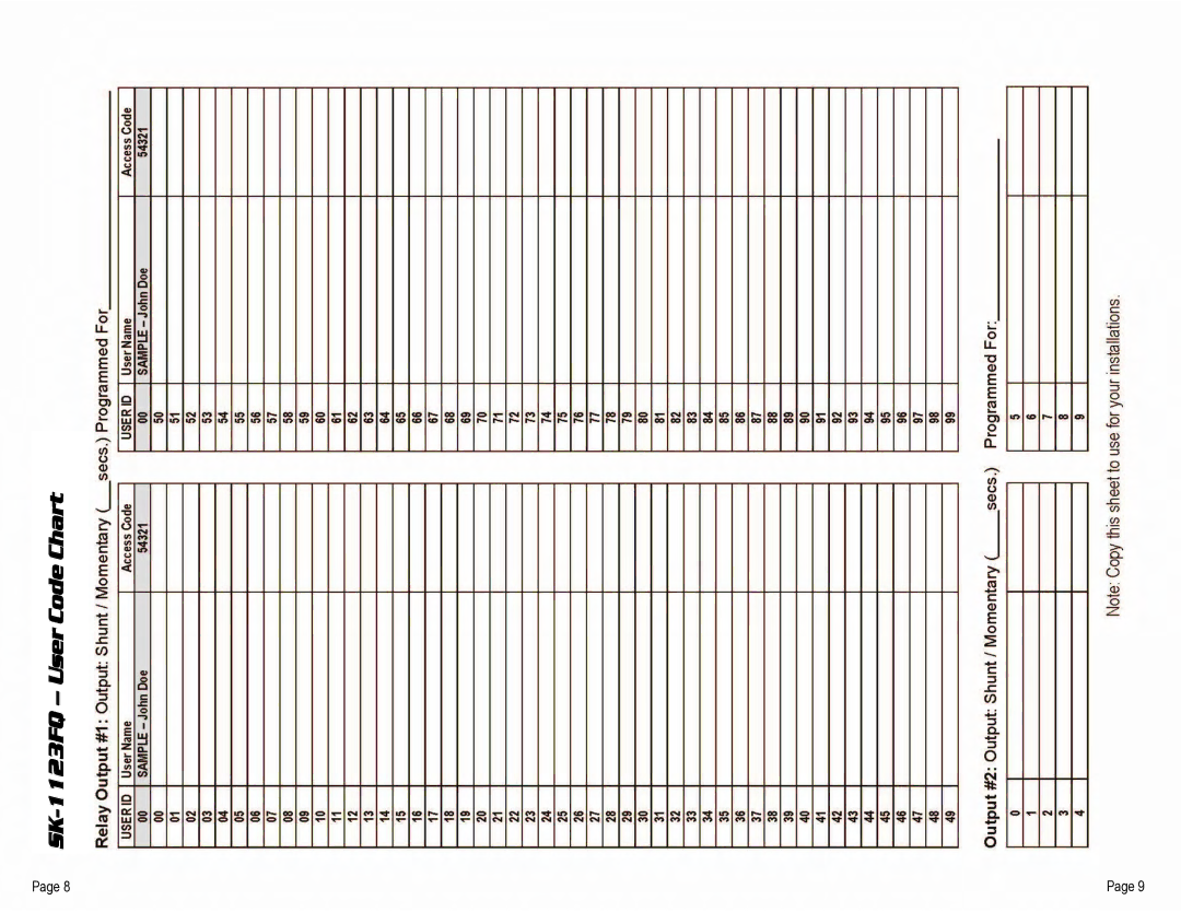 SECO-LARM USA SK-1123-FQ warranty SK-1123FQ User Code Chart 