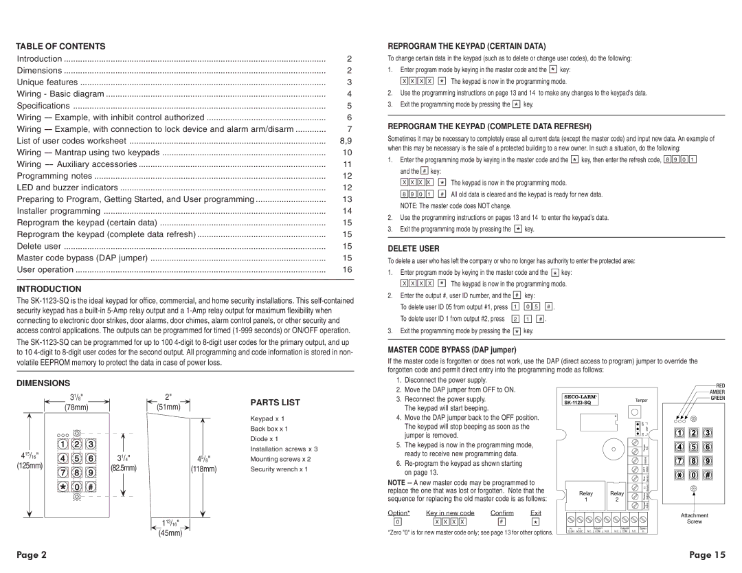 SECO-LARM USA SK-1123-SQ Table of Contents, Introduction, Reprogram the Keypad Certain Data, Delete User, Dimensions 