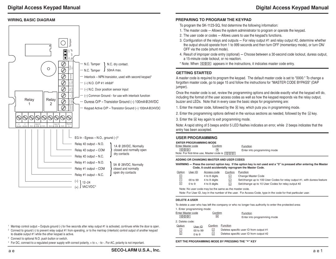 SECO-LARM USA SK-1123-SQ warranty WIRING, Basic Diagram, Preparing to Program the Keypad, Getting Started, User Programming 