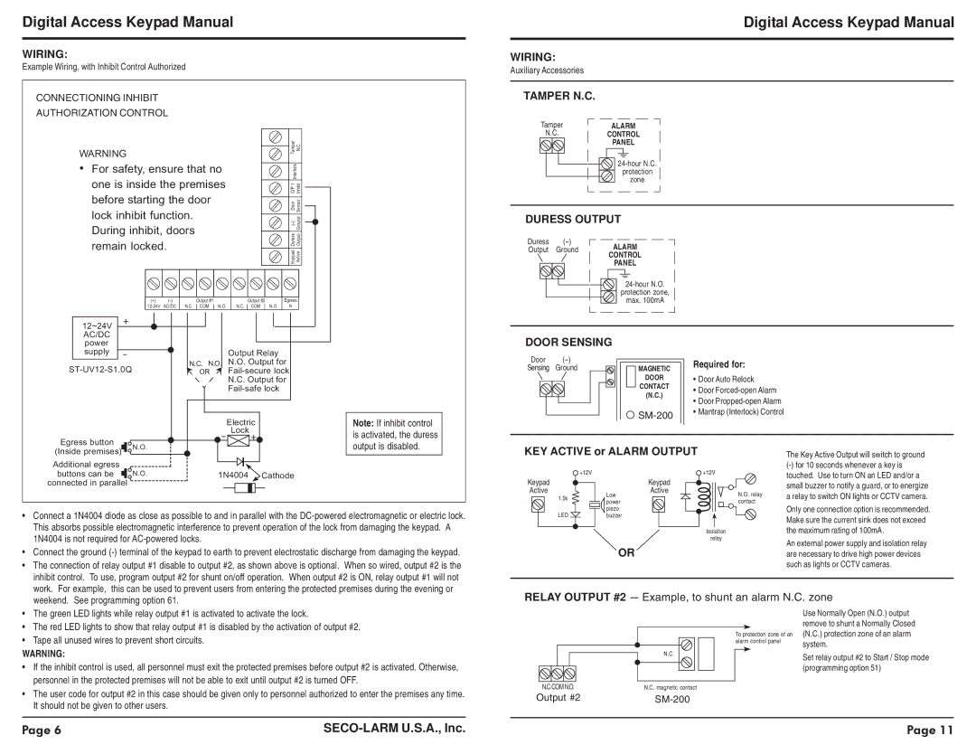 SECO-LARM USA SK-1123-SQ warranty Wiring, Tamper N.C, Duress Output, Door Sensing, KEY Active or Alarm Output 