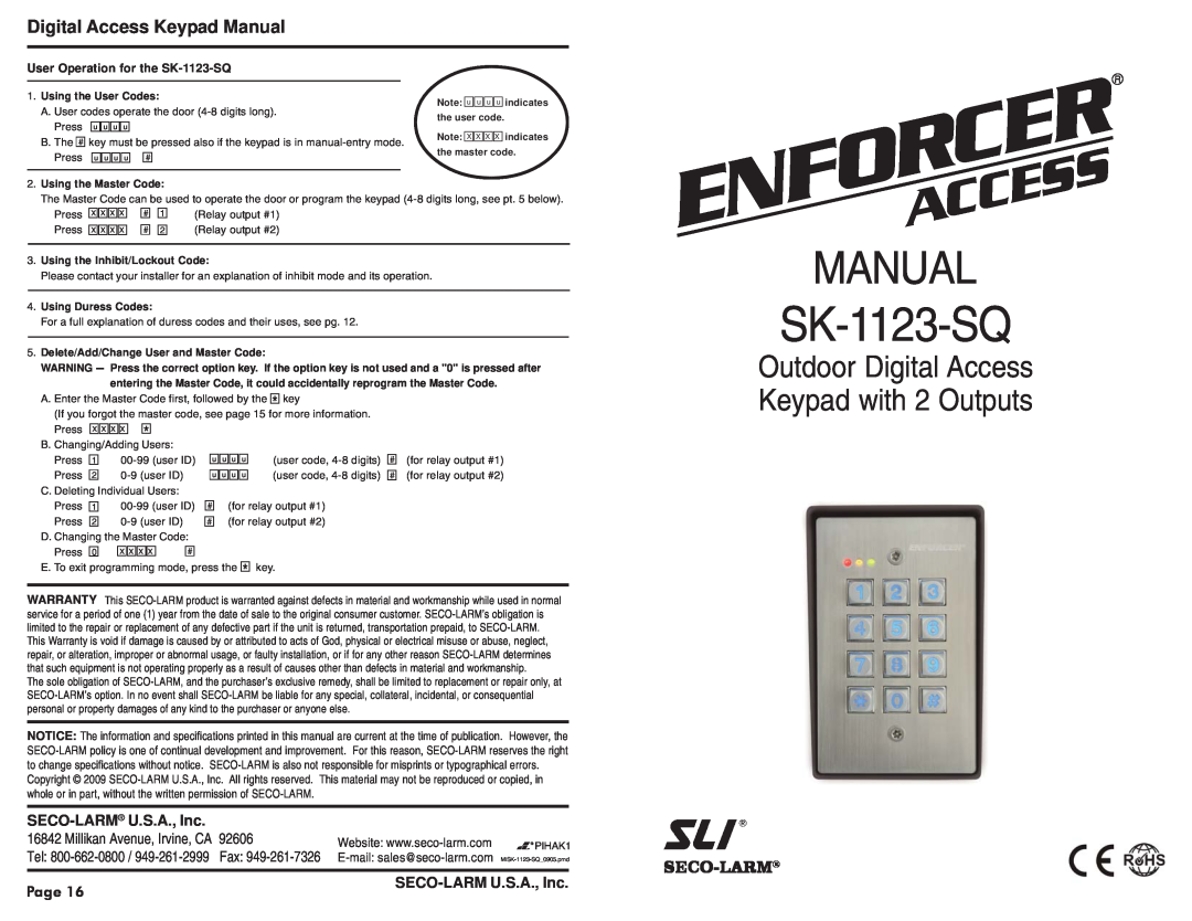 SECO-LARM USA SK-1123-SQ warranty Digital Access Keypad Manual, Enforcer, Outdoor Digital Access, Keypad with 2 Outputs 