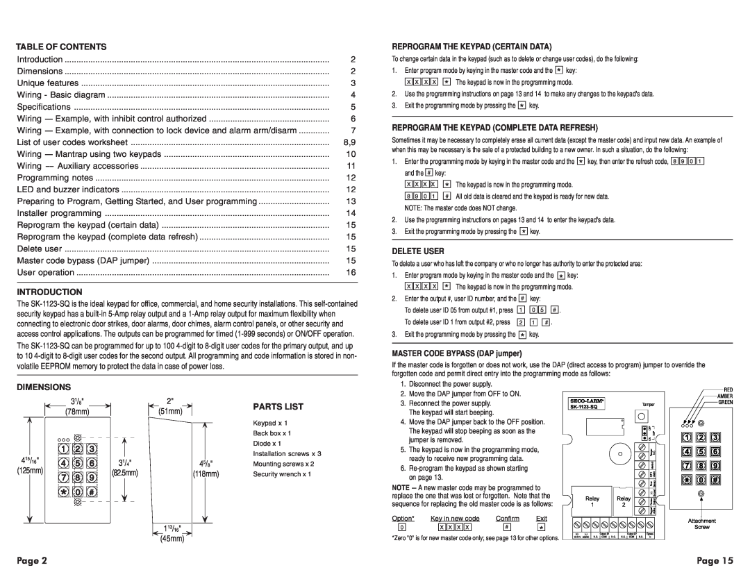 SECO-LARM USA SK-1123-SQ Page, Table Of Contents, Introduction, Reprogram The Keypad Certain Data, Delete User, Dimensions 