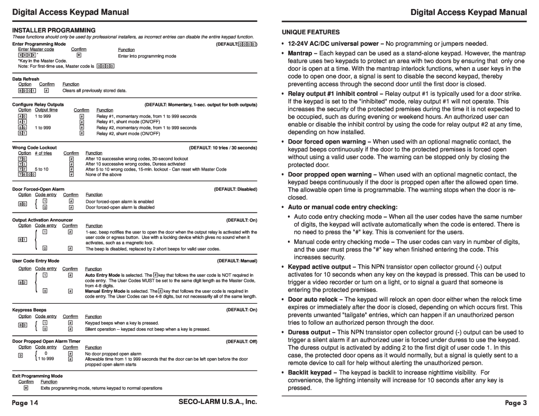 SECO-LARM USA SK-1123-SQ Digital Access Keypad Manual, Page, SECO-LARMU.S.A., Inc, Installer Programming, Unique Features 